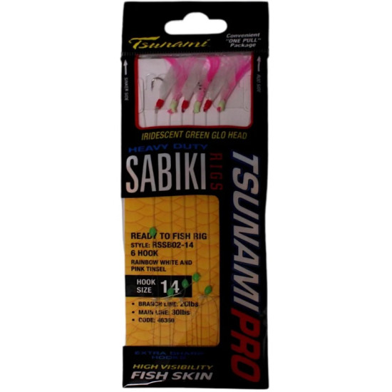 Tsunami Ultra One Touch 6 Hook Sabiki Green White Pink Tinsel