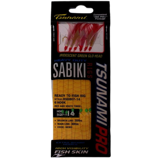 Tsunami Ultra One Touch 6 Hook Sabiki Red and White Tinsel