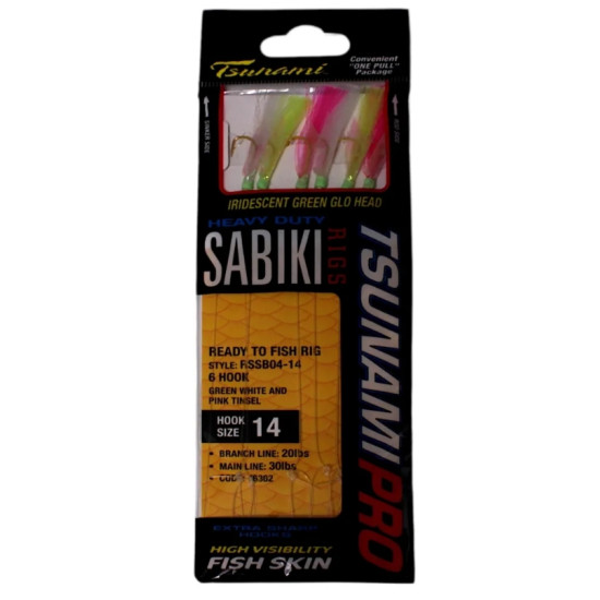 Tsunami Ultra One Touch 6 Hook Sabiki Green White Pink Tinsel