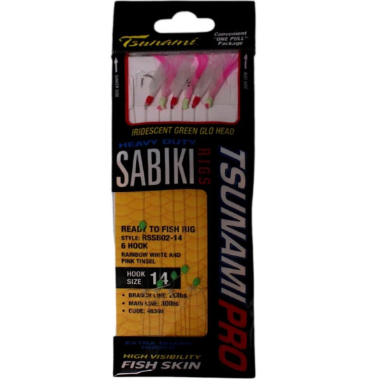 Tsunami Ultra One Touch 6 Hook Sabiki White Pink Tinsel